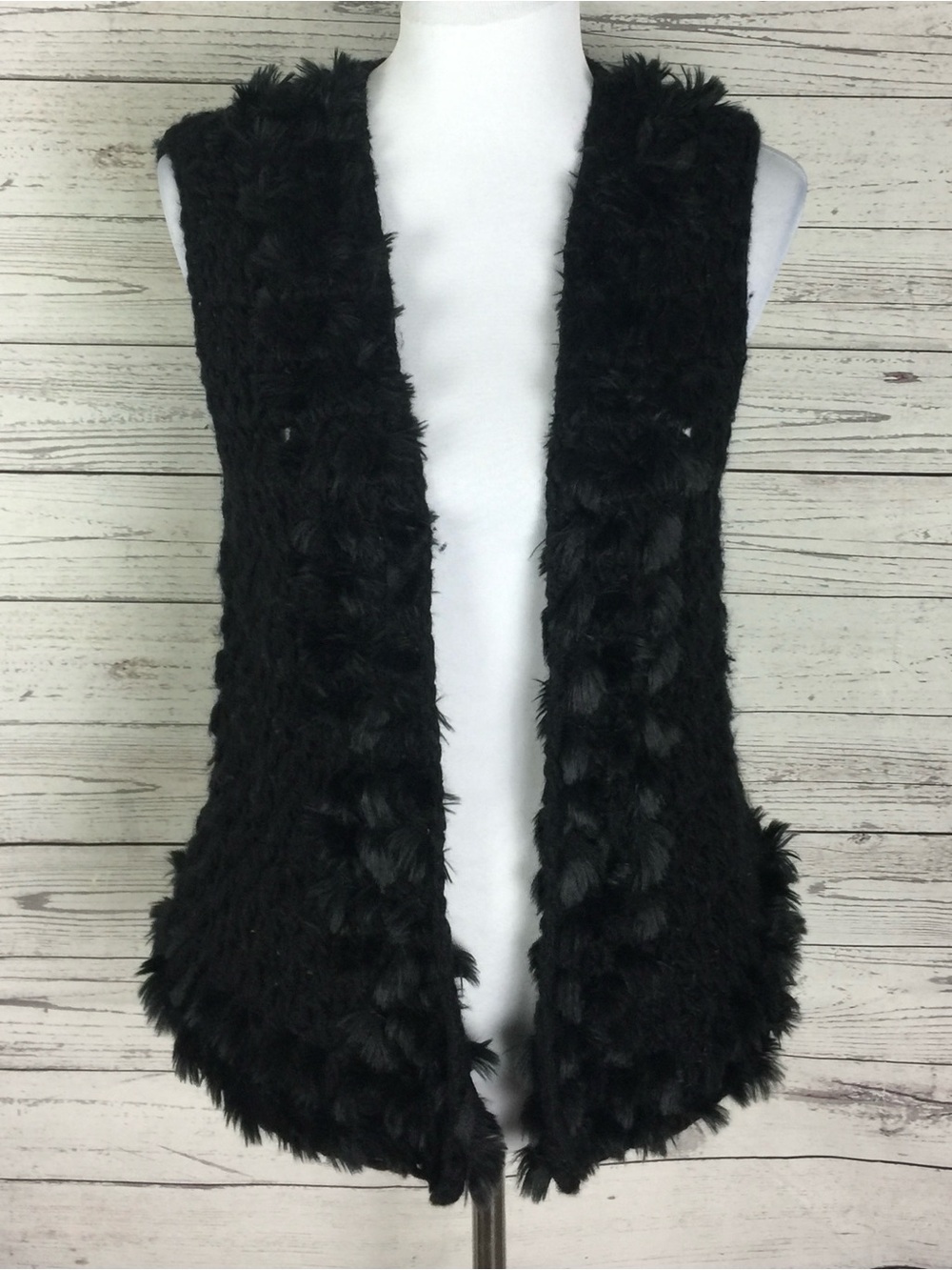 Chico's Womens Black Faux Fur Crochet Open Knit Sweater Vest Size 0 (S/4)